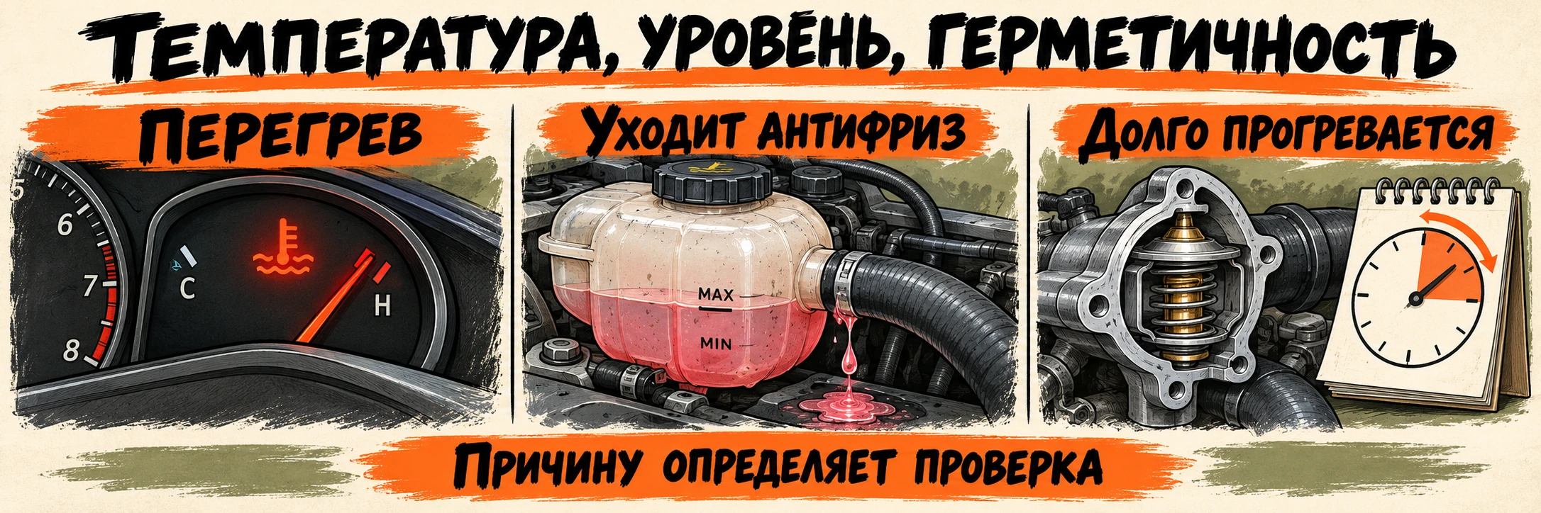 Перегрев, потеря антифриза и долгий прогрев требуют разных проверок системы охлаждения; один симптом не назначает ремонт.