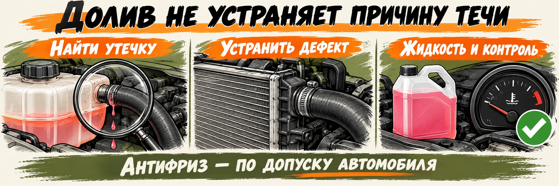 При потере антифриза сначала находят утечку, устраняют дефект, затем заполняют систему подходящей жидкостью и проверяют результат.