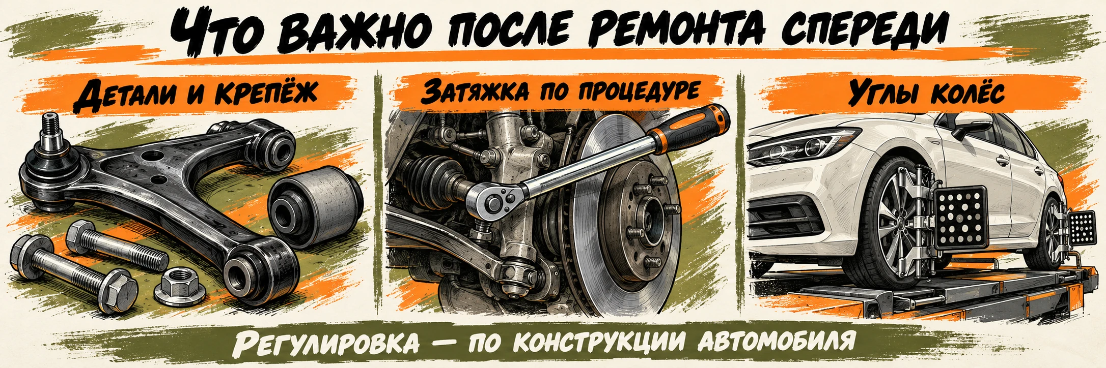 После ремонта передней подвески важны подходящие детали и крепёж, затяжка по процедуре и проверка углов колёс по конструкции автомобиля.