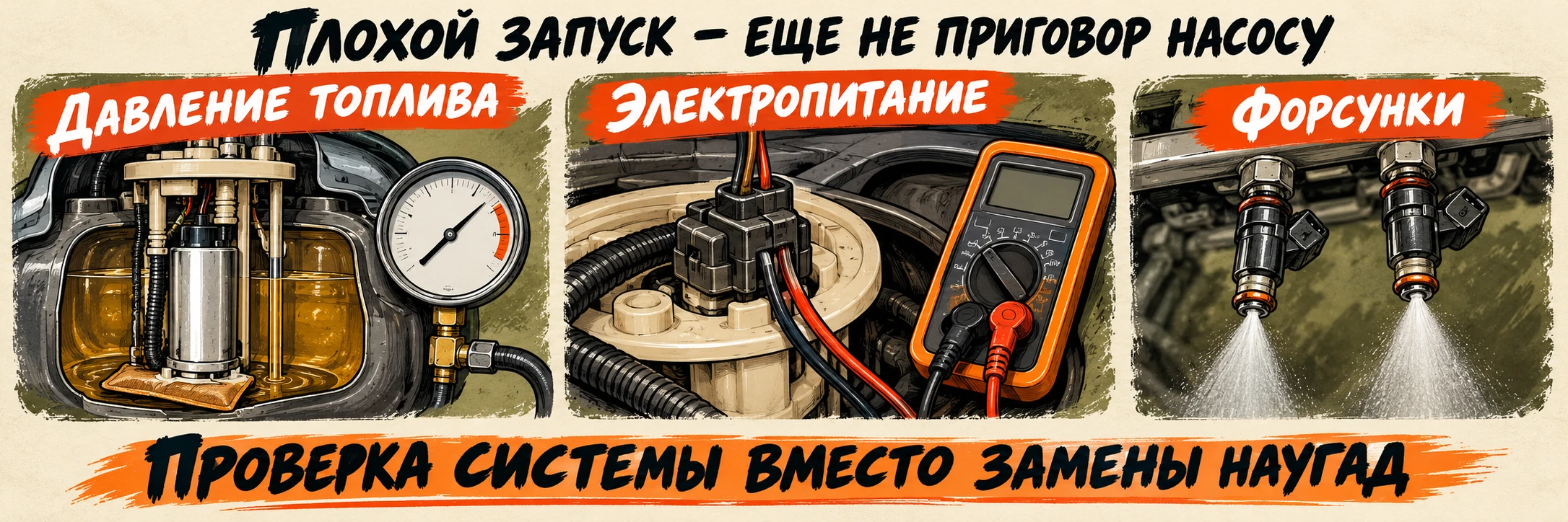 Перед заменой топливного насоса проверяют давление и электропитание; работа форсунок оценивается отдельно.