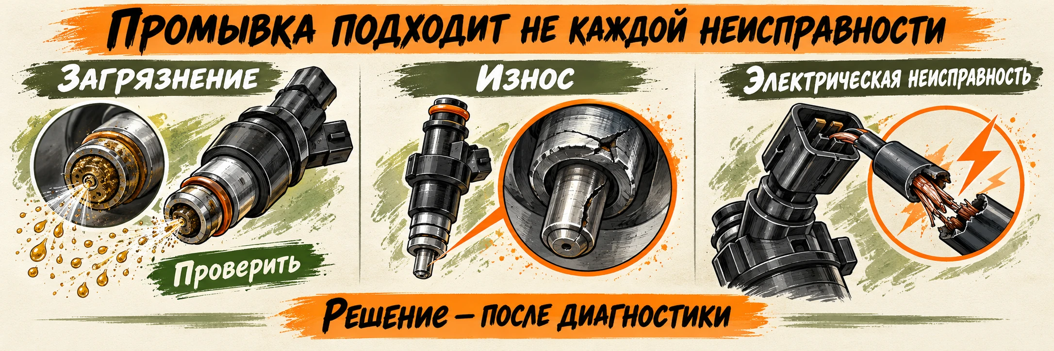 Промывка может быть уместна при подтверждённом загрязнении, но не устраняет механический износ или электрическую неисправность форсунки.