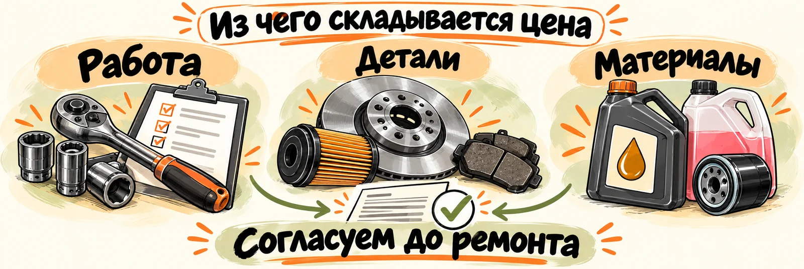Стоимость складывается из согласованных работ, запчастей и материалов.