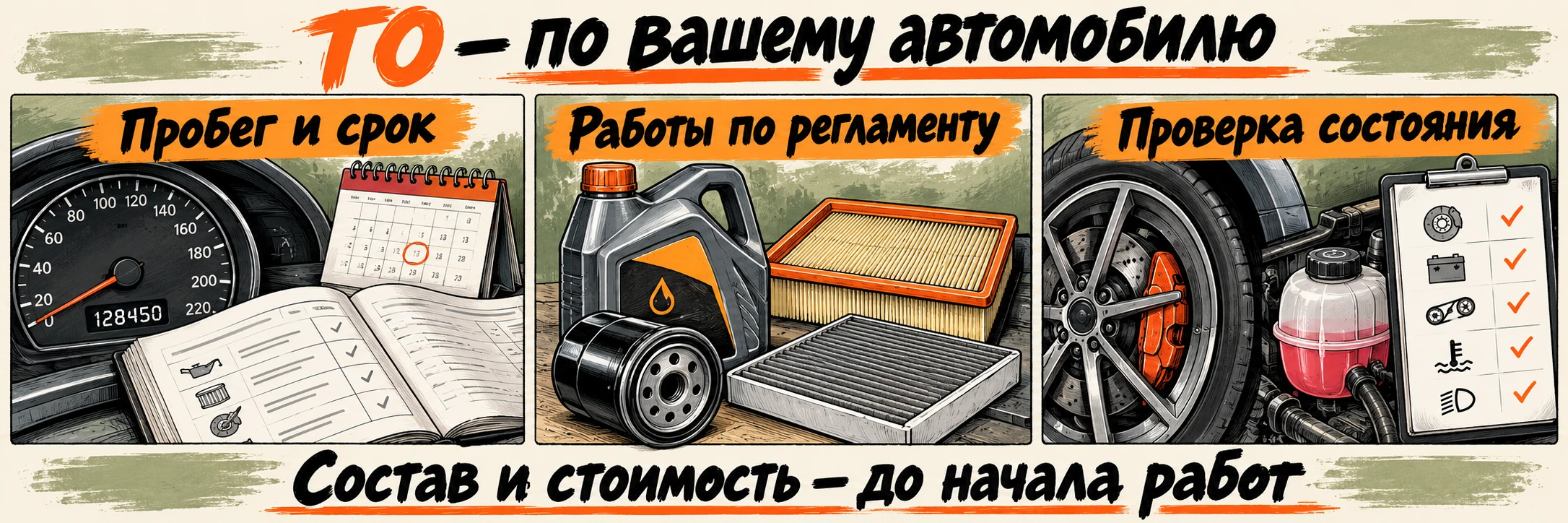 ТО подбирают по пробегу, времени, регламенту и состоянию автомобиля; состав и стоимость согласуют до начала работ.