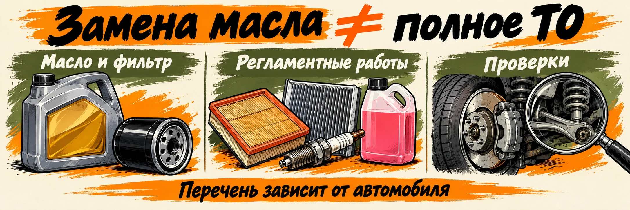 Замена масла и масляного фильтра — отдельная операция; комплексное ТО включает согласованные регламентные работы и проверки.