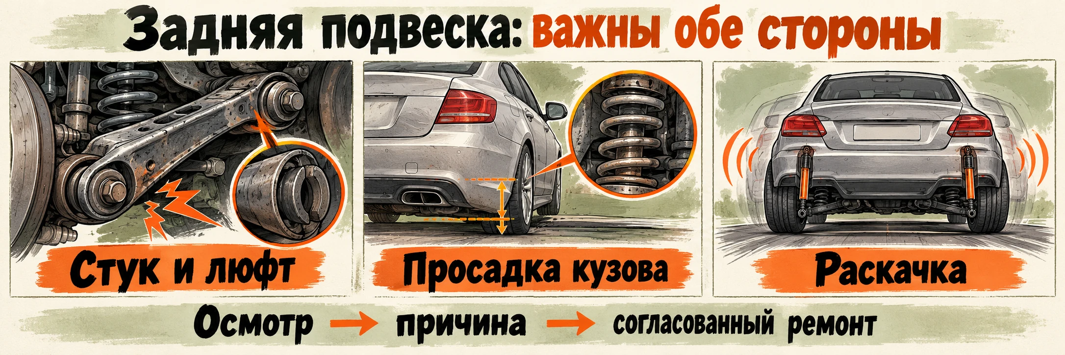 Стук и люфт, просадка кузова и раскачка — разные жалобы на заднюю подвеску; ремонт выбирают после осмотра.