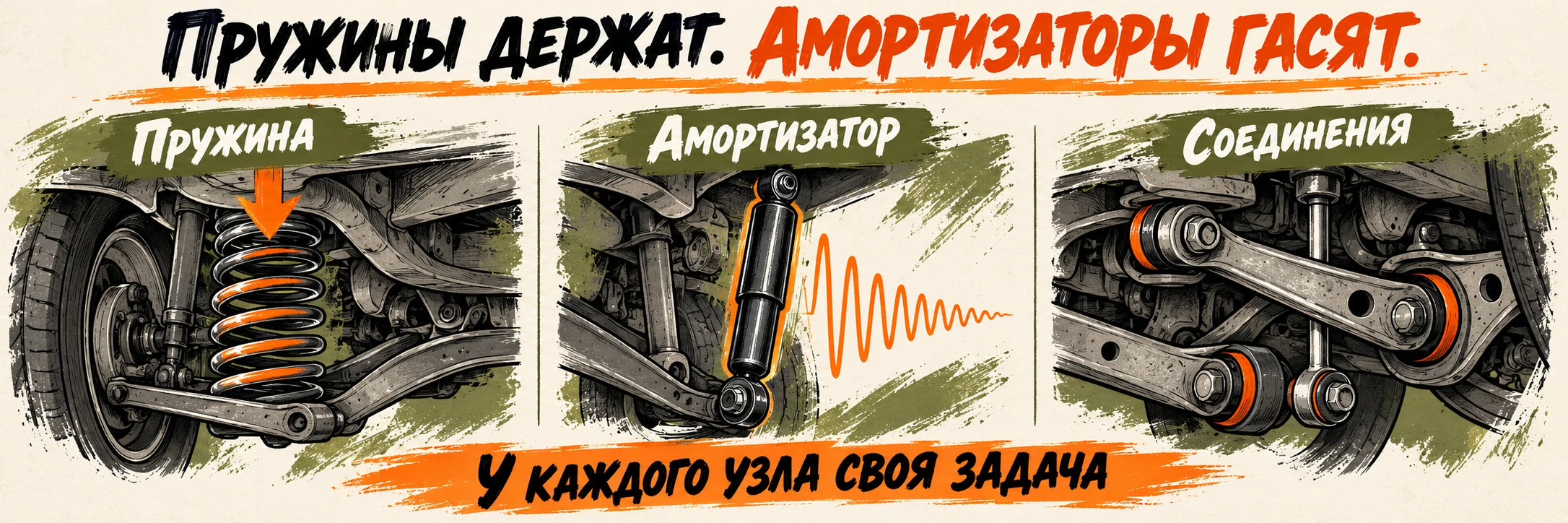 Пружина поддерживает кузов, амортизатор гасит колебания, рычаги и соединения задают положение задних колёс.