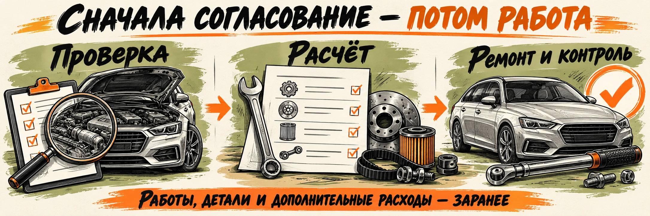 Проверка, расчёт работ и деталей, согласованный ремонт и контроль результата: дополнительные расходы обсуждают заранее.